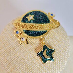 Vtg Signed NewPro Saturn Stars Moon Dangle Brooch Pin Green Celestial Astrology